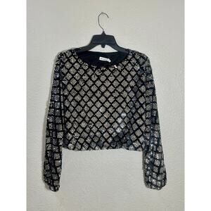 Avec Les Filles Black & Silver Sequin Cropped Long Sleeve Top, NWT